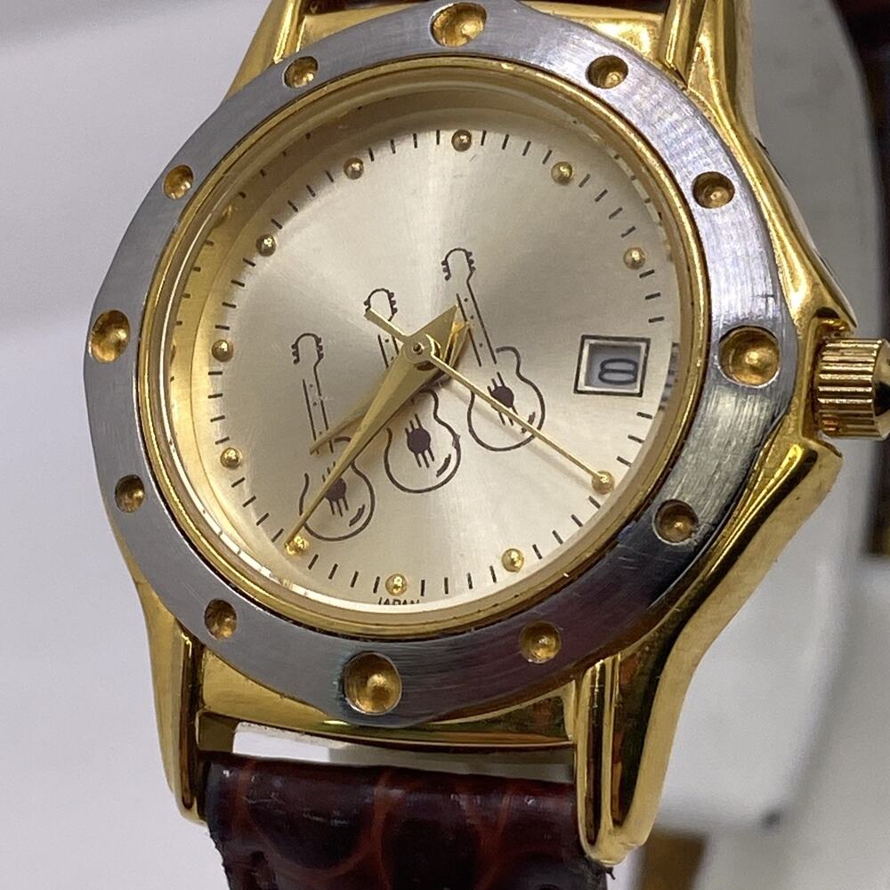 Croton Womens Silver Gold Guitar Watch Works New Battery